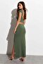 Khaki Drawstring Slit Maxi Skirt Sh160 - 6