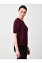 Burgundy Polo Collar Short Sleeve Striped Knitwear Blouse - 3