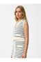 Ecru V-Neck Striped Patterned Buttoned Knitwear Sweater - 3