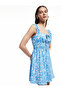 Square Collar Thick Strap Back Detail Lace-Up Front Floral Mini Dress Wrinkled - 2