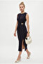 Women's Eldora Woven Modal Gold Buckle Slit Sleeveless Midi Length Navy Blue Stylish Dress