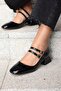 Women's Black Double Belted Retro Heeled Shoes - 2
