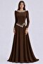 Pearl Embellished Crepe Hijab Evening Dress Brown 1691