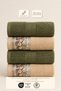 4-Piece Fiore Hand and Face Towel Set 100% Cotton Certified |   Striped Green and Floral Beige Towel Set - 3