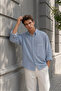 Men's Half Oversize Breathable Blue Muslin Fabric Long Sleeve Shirt with Embroidery Detail Ls-13048 - 4