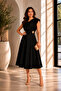 Stretchy Crepe Fabric Degaje Collar Padded Shoulders Gold Accessories Flared Cut Midi Length Black Dress 77129 - 7