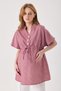 Maternity Burgundy Poplin Cotton Striped Pattern Blouse, Waist Tie and Collar Button Detail (Breastfeeding)