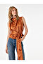 Sleeveless Tie-Up Belt Detailed Draped High Neck Textured Satin Blouse