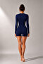 Zipper Detailed Navy Blue Long Sleeve Swimsuit with Shorts - 3