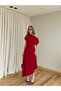 Red Long Dress with Gathered Shoulders - 206190