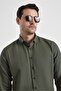 Dark Green Slim Buttoned Collar Plain Casual Shirt - 2