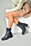 R654006503 Navy Blue Genuine Leather Thick Heeled Women's Boots - 4
