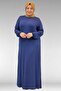 22008 Plus Size Combed Cotton Dress with Elastic Sleeves - Indigo