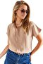 Women's Beige Oversize Bat Short Sleeve Linen Shirt with Buttons - 6