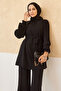 Pleated Sleeves Trousers Tunic Set - Black - 3