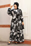 Patterned Black Hijab Dress 23582S - 2