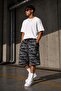 Men's Gray Camouflage Patterned Long Shorts 100% Cotton Elastic Waist with Pockets Streetwear - 3