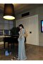Stand Collar Stone Detailed Slit Glitter Evening Dress 583187 Gray - 4
