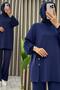 Suheyla Takim Crystal Fabric Women's Navy Blue Slit Detailed Tunic Pants Hijab Set - 4