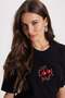 Women's Oversize Wide Cut 100% Cotton Crew Neck Short Sleeve Printed Black T-Shirt - 4