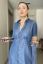 Soft Textured Thin Tencel Belted Full Button Denim Dress - 5