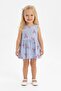 Girl's Ribbon Patterned Blue Color 100% Cotton Summer Dress - 7