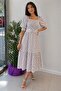 Women's White Polka Dot Pattern Square Neck Balloon Sleeve Midi Dress --- Dpk083
