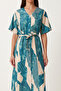 Patterned Belted Viscose Shirt Dress Lrn0046 Petrol Blue Bone - 4