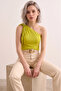 Women's Oil Green One-Shoulder Blouse with Fluorescent Detail and Gathered Sandy Fabric - 6