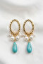 Uval Turquoise Stone Pearl Cluster Earrings 8 Cm. - 2