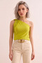 Women's Oil Green One-Shoulder Blouse with Fluorescent Detail and Gathered Sandy Fabric - 4