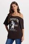 Women's Oversize Wide Cut 100% Cotton Chain Detailed Printed Brown T-Shirt Blouse