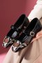 Mantova Black Crinkled Patent Leather Flower Embroidered Gold Buckle Belted Ballerinas - 3