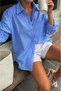 Women's Oversize Shirt Blue Striped Open Back Modern Design - 7