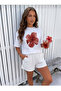 Women's White Oversize Hibiscus Flower Printed Cotton Crew Neck T-Shirt