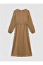 Beige Crew Neck Waist-Slit Dress