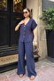 Women's Navy Blue Button Detailed Short Sleeve Shirt Wide Leg Pants Soft Modal Bottom Top Set - 4