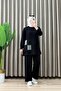 Ecrin Takim Crystal Fabric Women's Black Shiny Patterned Two-Piece Casual Set with Pants