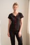 Women's Black Cherry Pattern Boat Neck Buttonless Twill Bow Detail Cotton Short Sleeve Pajama Set - 5