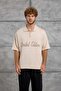 Men's T-Shirt Limited Written Polo Collar Cream Oversize Printed Knitwear