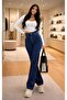 Pull Kadın High Waist Dark Blue Loose Jeans Lycra Denim Trousers - 2