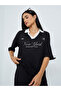 Black Slogan Print Collared Oversized Polo T-Shirt - 2