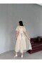 Beige Balloon Sleeve Belted Mesh Fabric Midi Evening Dress - 7