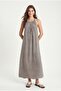 Women's Adriana Halter Collar Pleated Pocketed Long Vintage Pattern Woven Gray Dress - 2