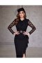 Imported Crepe Fabric Ruffled Lace Sleeve Detailed Belt Included Lined Special Design Dress - 3