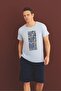Men's Blue Patterned Crew Neck Buttonless Cotton Summer Short Sleeve Pocket Shorts Pajama Set - 4