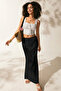 Black Linen Fabric High Waist Long Skirt - 7