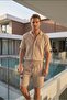 Men's Aerobin Fabric Summer Beige Short Sleeve Shirt & Shorts Bottom Top 2-Piece Set Ls-7122