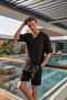 Men's Aerobin Fabric Summer Black V-Neck T-Shirt & Shorts Bottom Top 2-Piece Set Ls-7222 - 2