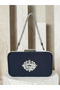 Navy Blue Color Z.A.R.A. Satin Crystal Stone Embroidered Chain Women's Evening Dress Bag Wedding Engagement Graduation - 3